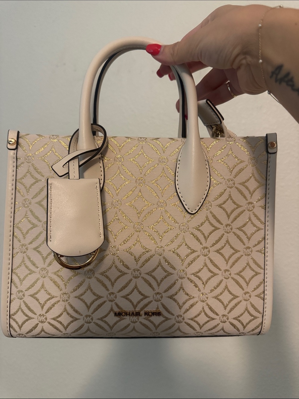 Michael Kors Cream Embossed Logo Satchel with Gold Accents